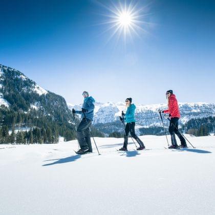 Drei Schneeschuhwanderer im sonnigen Wintergebirge mit verschneiten Bergen